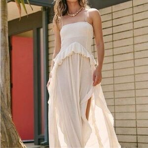 Free-est Free People Linen Blend Cream Ruffle Maxi Dress with Spaghetti Straps